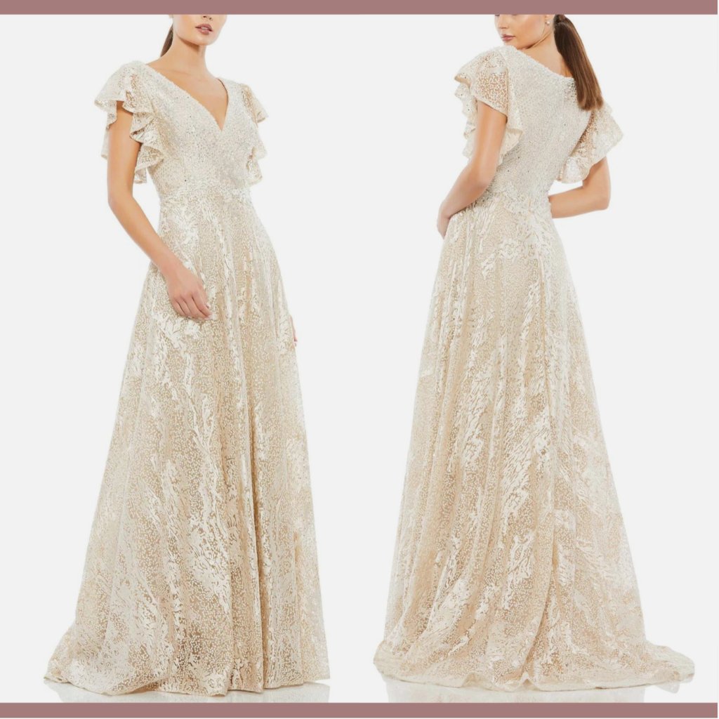 Nwt $798 Mac Duggal [ 18 ] Embroidered Flutter Sleeve V-Neck Gown Ivory #S738
